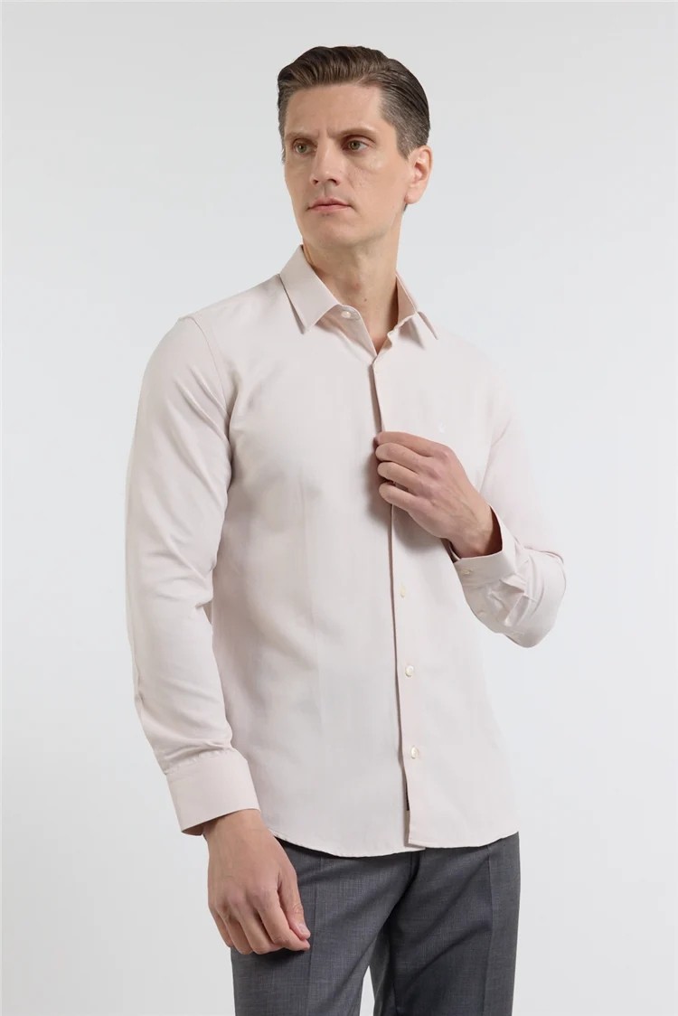 İmza Mavi Sert Yaka Uzun Kol Cepsiz Slim Fit Pamuklu Gömlek 1004255284