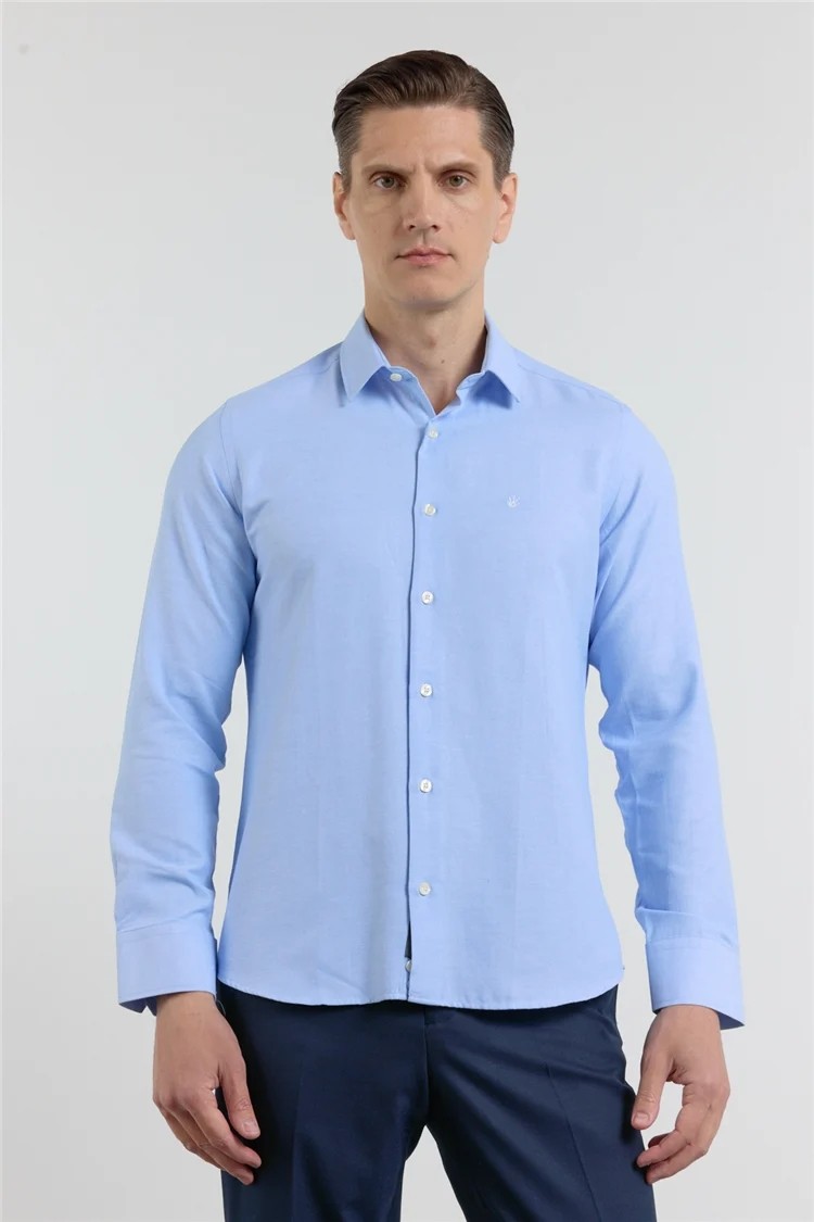 İmza Mavi Sert Yaka Uzun Kol Cepsiz Slim Fit Pamuklu Gömlek 1004255284 görsel 6
