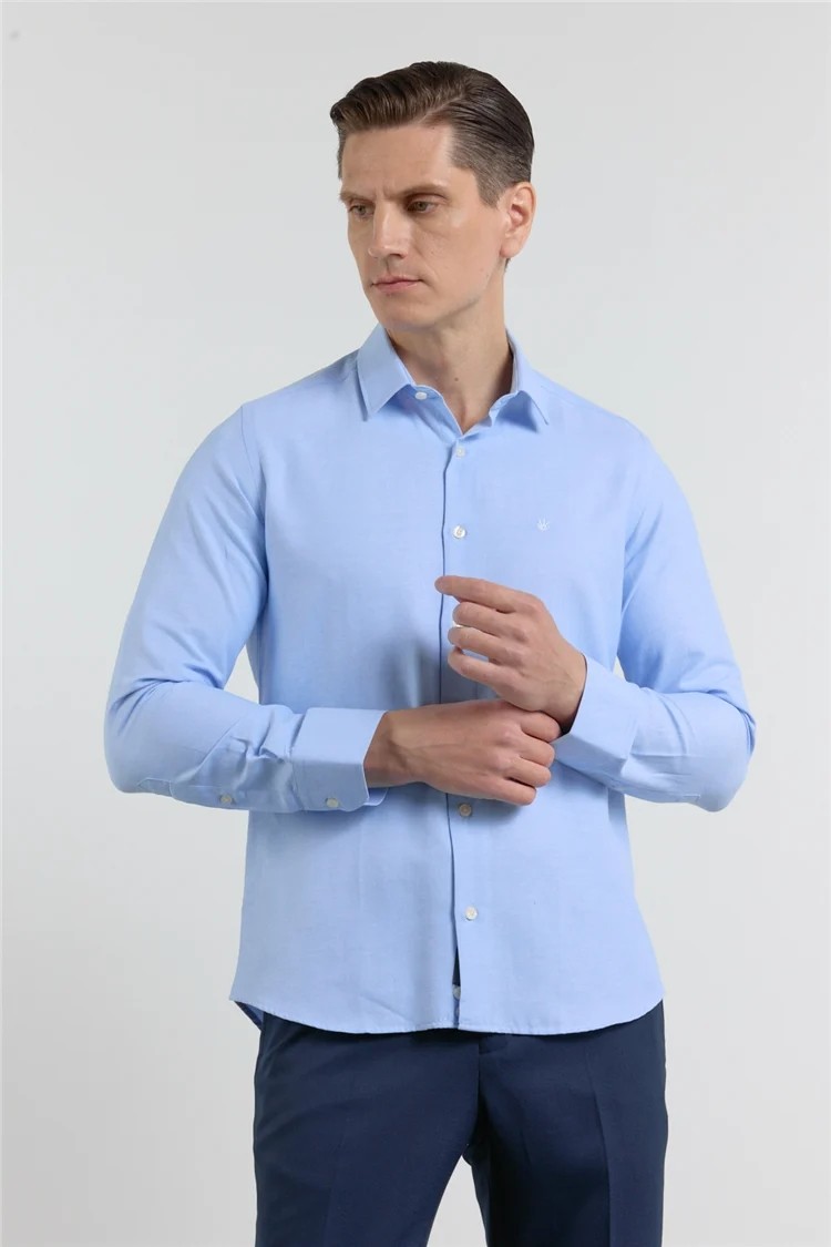 İmza Mavi Sert Yaka Uzun Kol Cepsiz Slim Fit Pamuklu Gömlek 1004255284 görsel 8