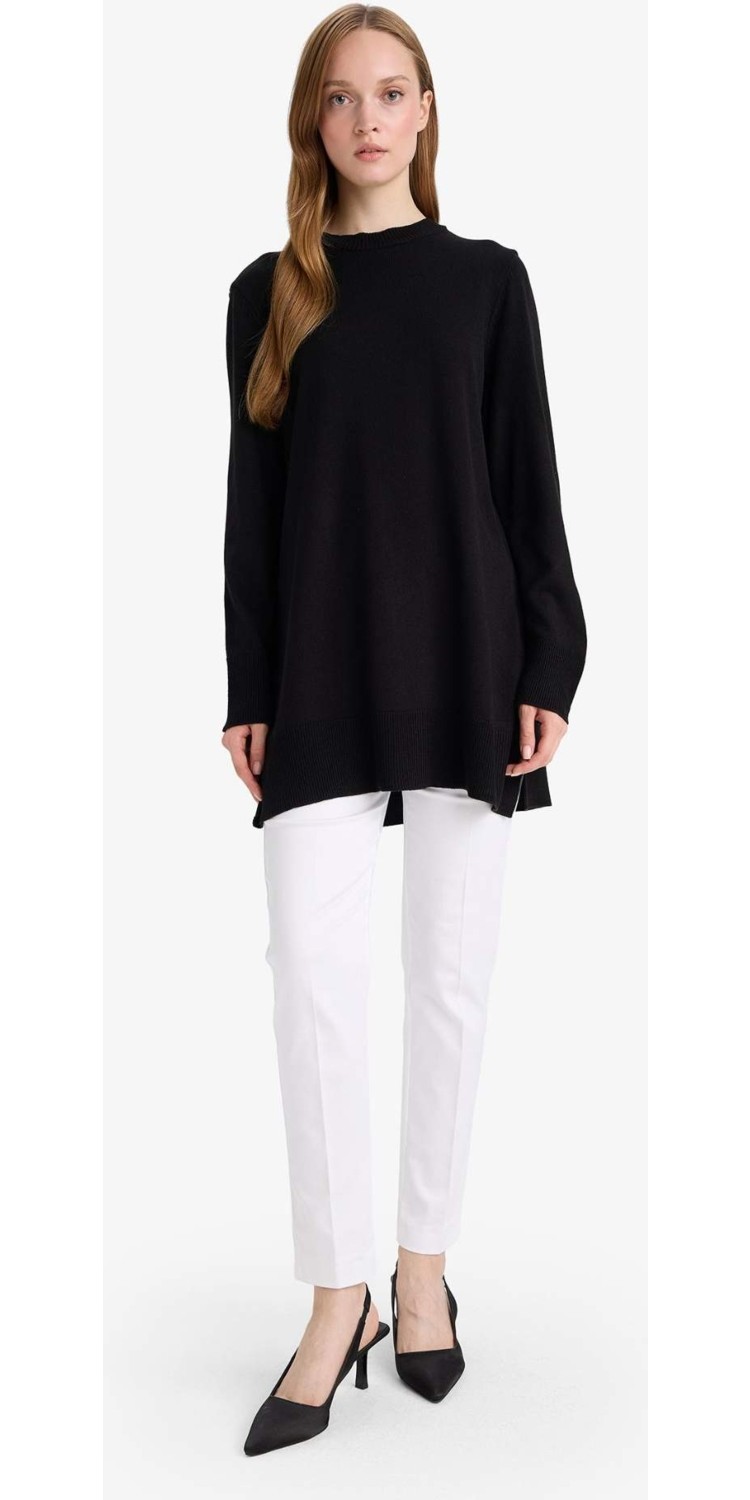 DeFacto Regular Fit Bisiklet Yaka Yırtmaçlı Basic Düz Triko Kazak Tunik H3431AZ25WN görsel 2