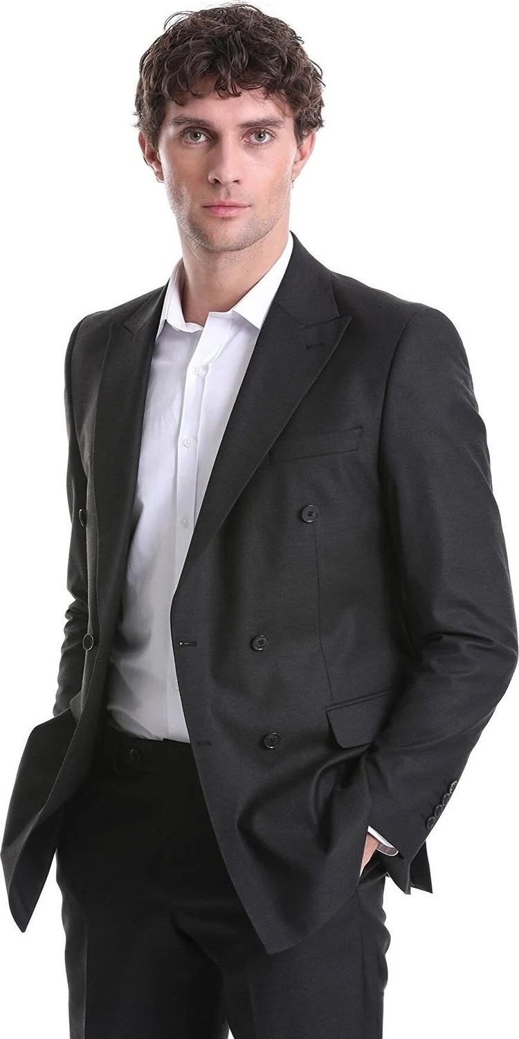 Süvari Slim Fit Düz Siyah Kruvaze Takım Elbise görsel 2