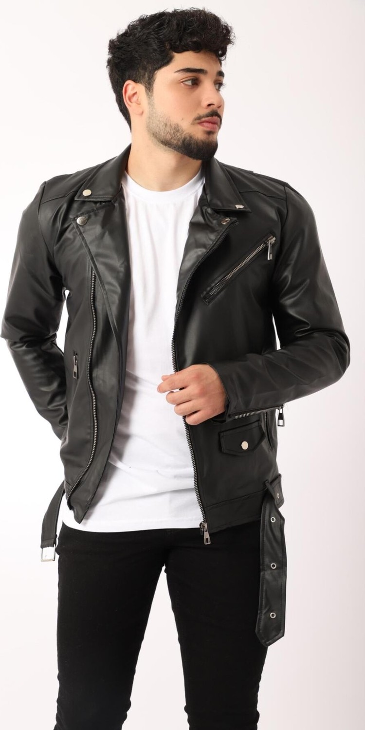 Stil Kombin Kuzey Beli Kemerli Suni Deri Ceket Erkek Slim Fit Siyah Polyester Düz Desenli görsel 8