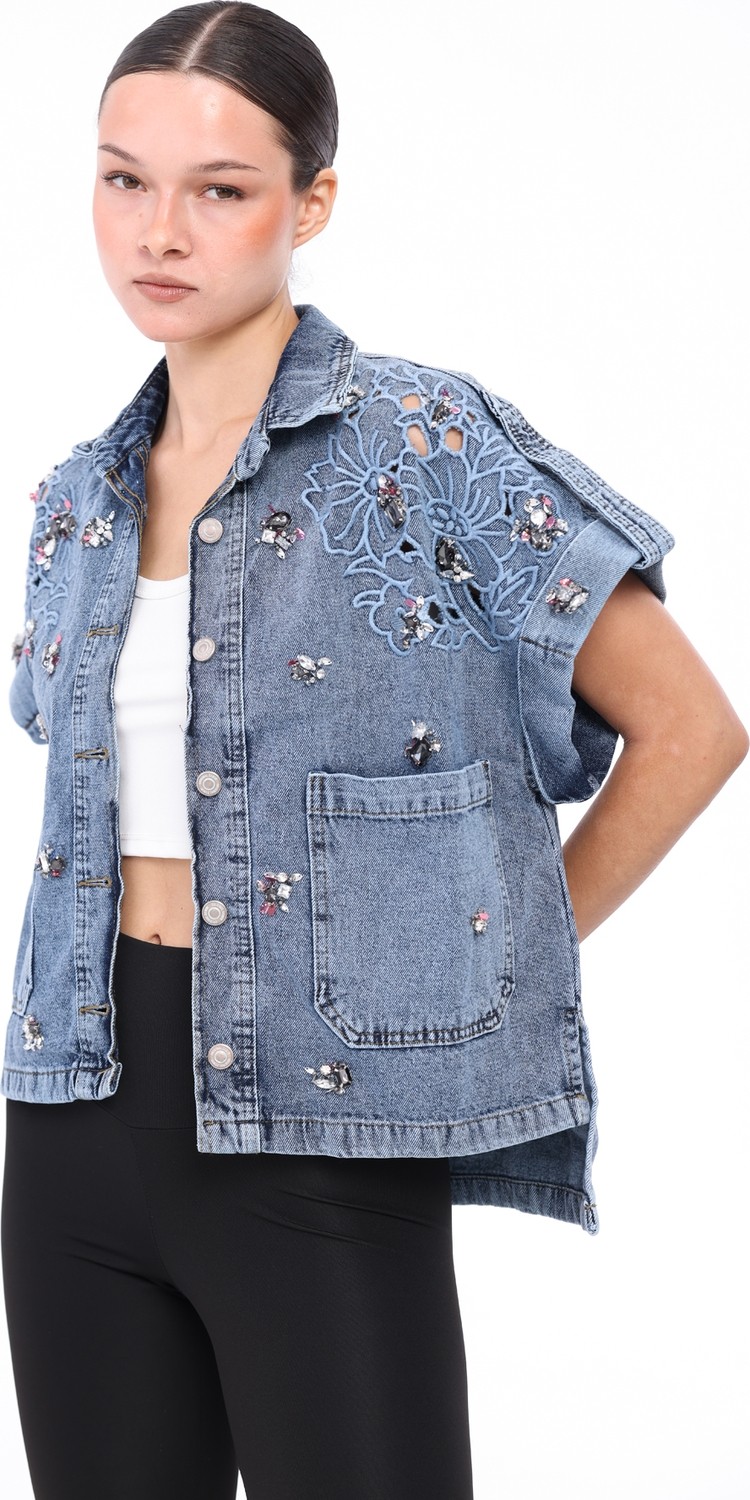 İnci Türkay Kadın Tasarım Denim Yelek Taş Boncuk Payet Işleme Detaylı Mavi Oversize Kalıp Bomber Yelek görsel 2