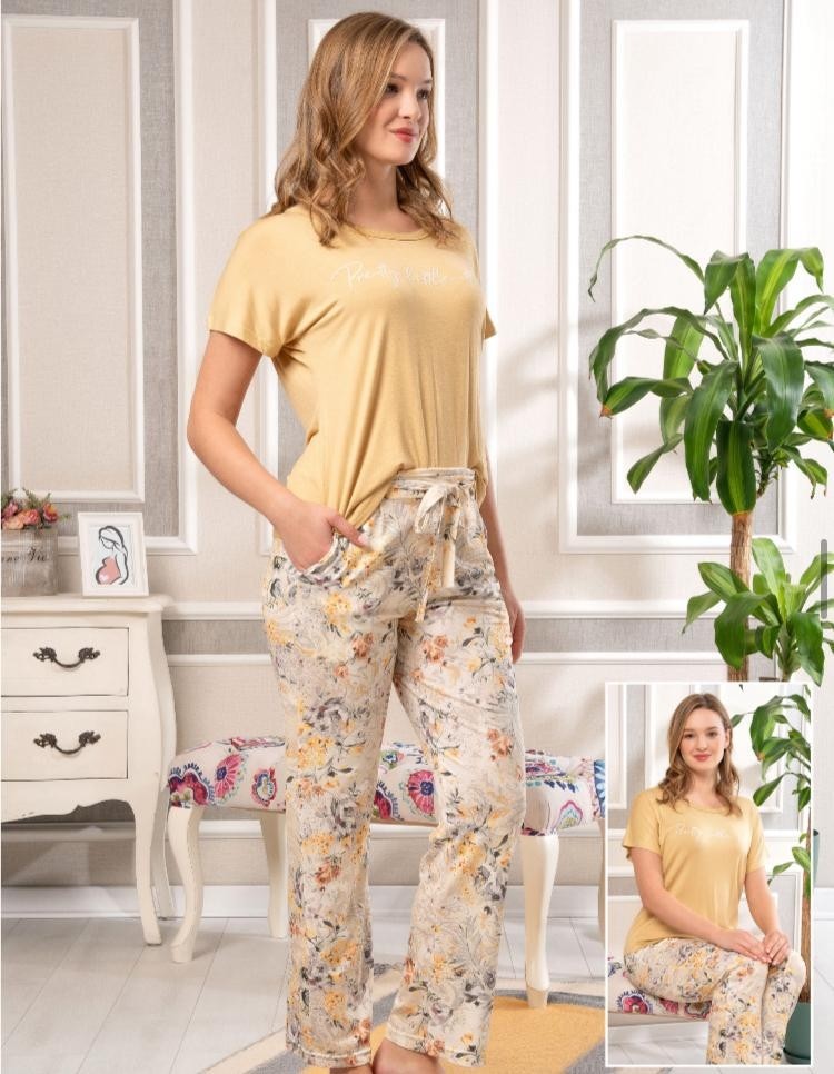 Bone Club 5850 Pudra Desenli Viskon Spor Pijama Tk görsel 2
