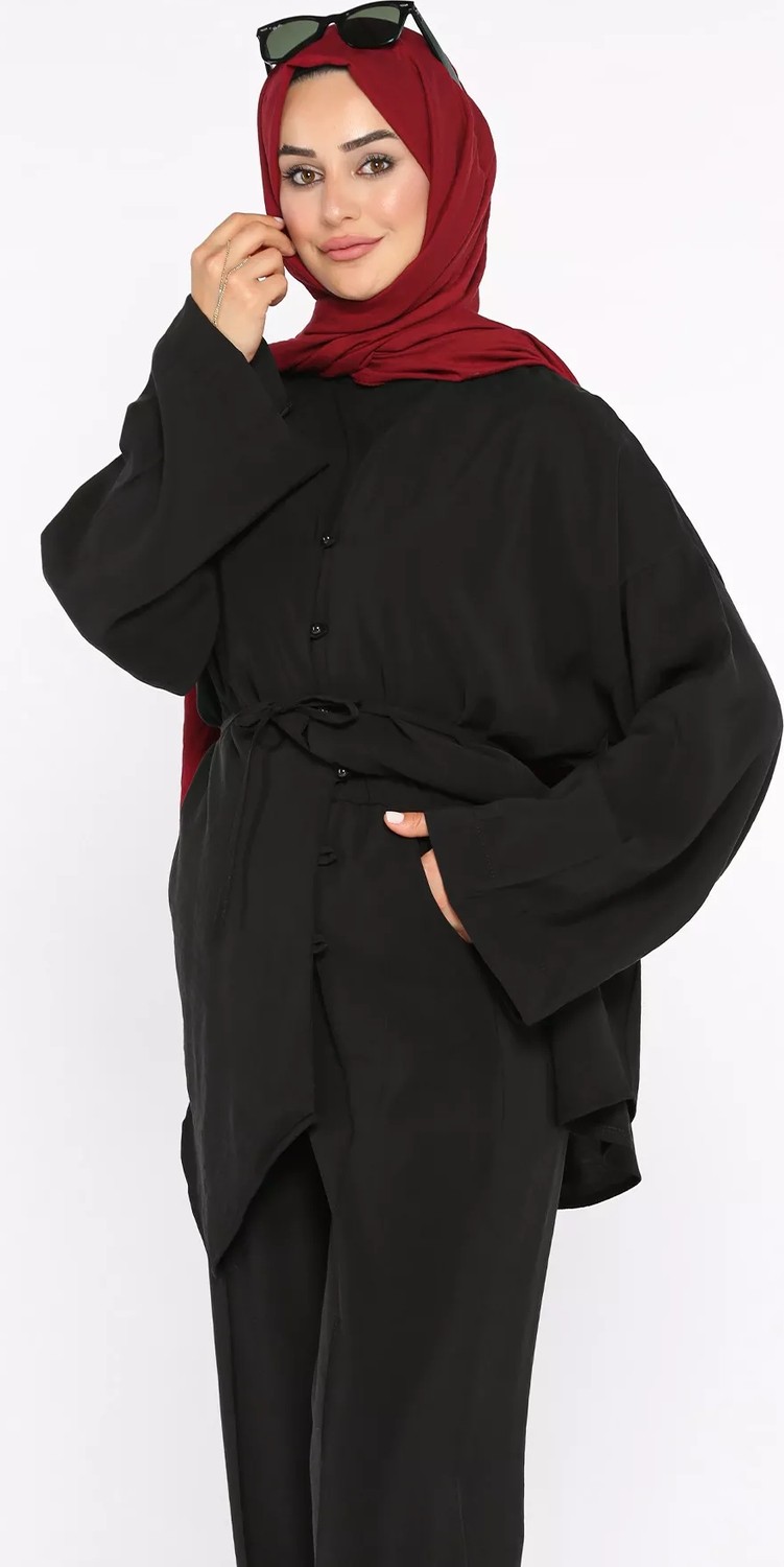 Julude Bel Lastikli Çimalı Pantolon Bağlama Detaylı Tunik Tesettür Ikili Takım P-00022704 görsel 4