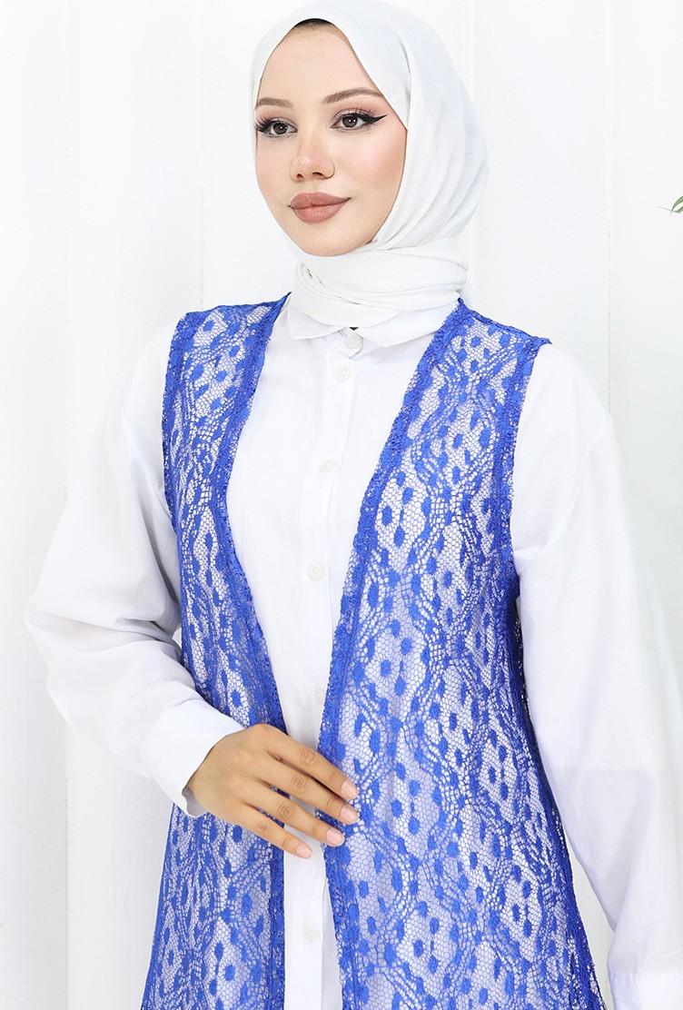 Sefa Merve Yumuşacık Dantelli Uzun Yelek Mevsimlik Yelek Büyük Beden Yelek 8761-04 Saks görsel 3