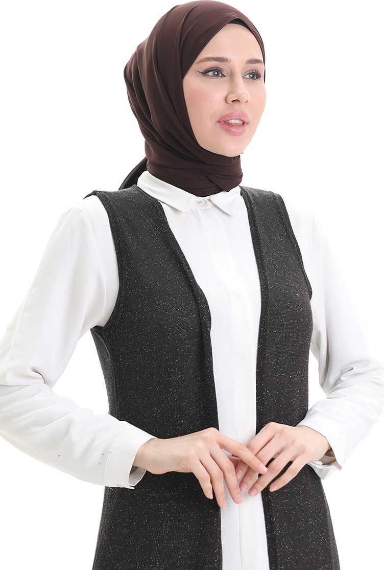 Sefa Merve Simli Salaş Rahat Kesim Uzun Yelek 8743-01 Siyah görsel 3