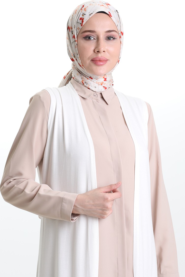Sefa Merve Mevsimlik Uzun Basic Yelek Büyük Beden Anne Yelek 8748-A04 Kırık Beyaz görsel 3