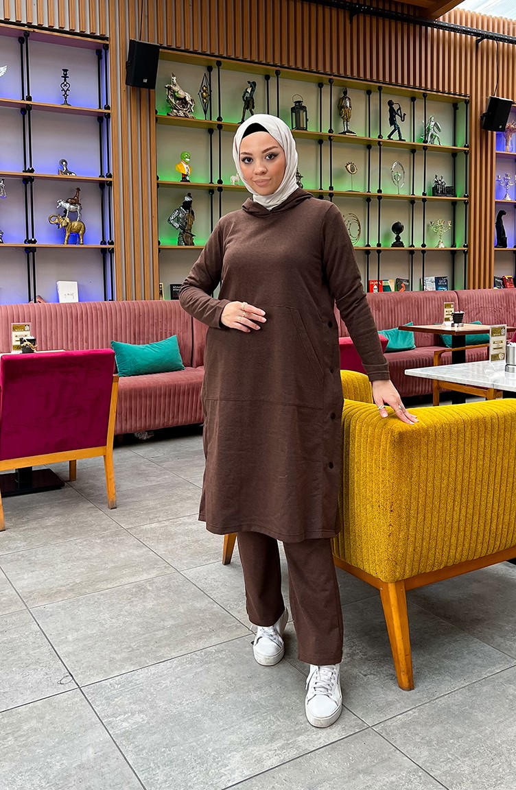 Sefa Merve Çıtçıt Detaylı Iki Iplik Eşofman Takım 3071-11 Kahverengi görsel 3