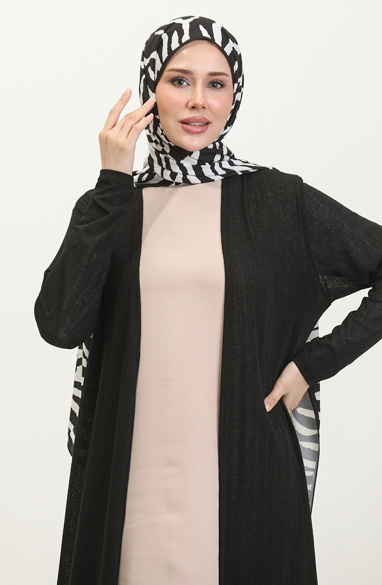 Sefa Merve Sade Dökümlü Uzun Hırka 8727-01 Siyah görsel 3