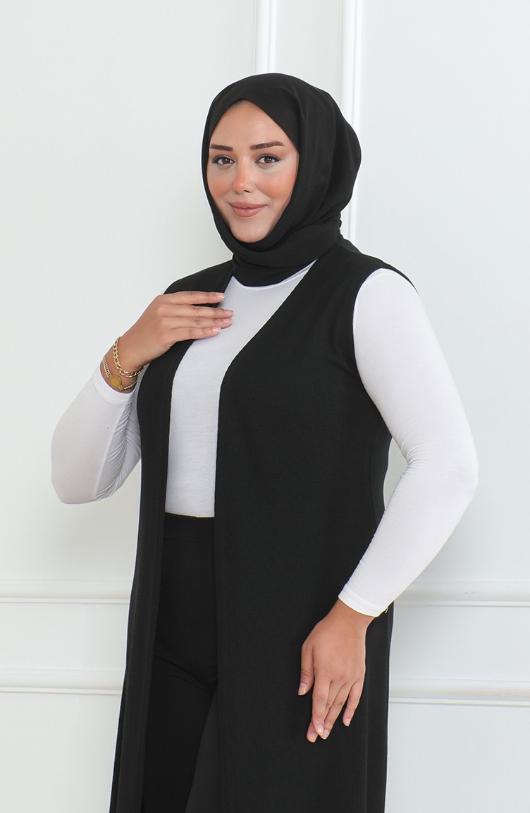 Sefa Merve Büyük Beden Dökümlü Uzun Mevsimlik Anne Yelek 8739A-01 Siyah görsel 3