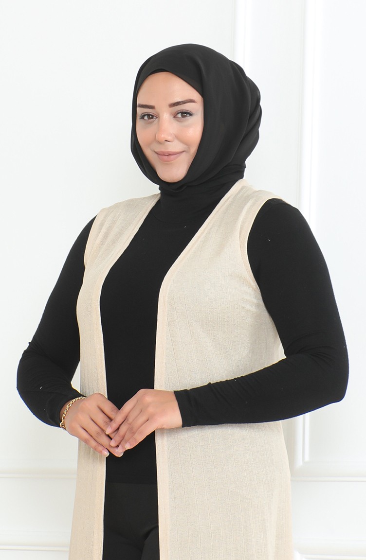 Sefa Merve Büyük Beden Dökümlü Uzun Mevsimlik Anne Yelek 8739-02 Bej görsel 3