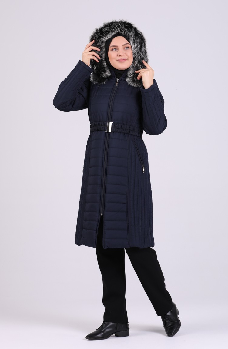 Sefa Merve Kürklü Kapitone Mont 0812-04 Lacivert görsel 2