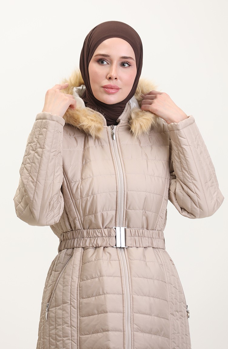 Sefa Merve Kürklü Kapitone Mont 0812-06 Bej görsel 4
