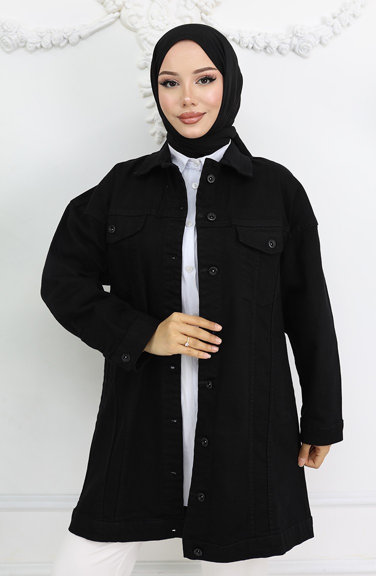 Sefa Merve Owersize Kot Ceket 2746-01 Siyah görsel 3