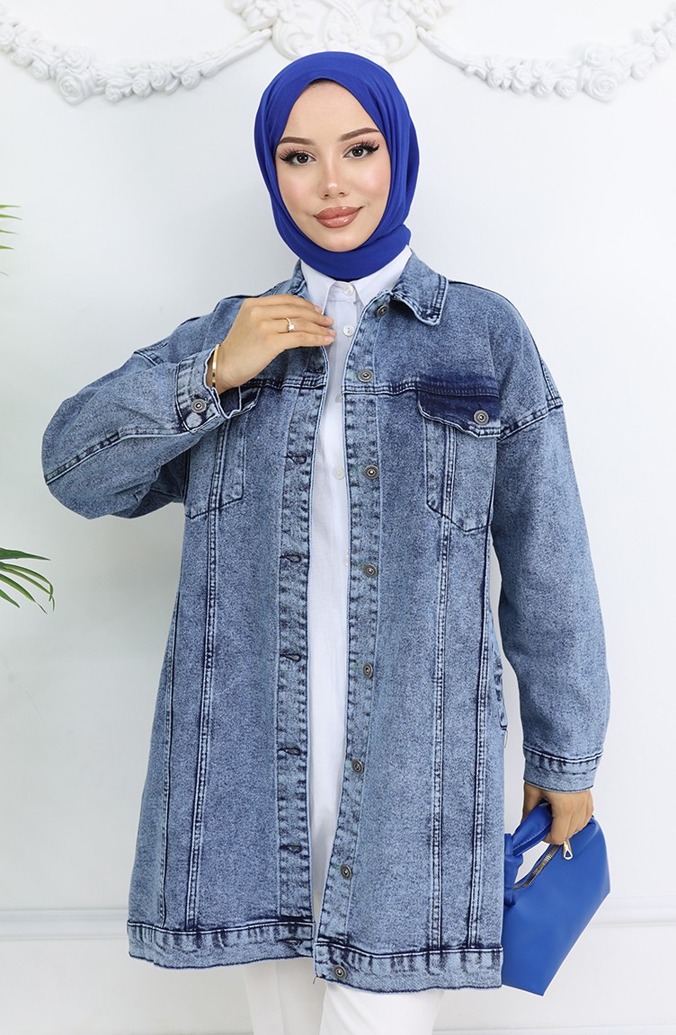 Sefa Merve Owersize Kot Ceket 2746-03 Mavi görsel 3
