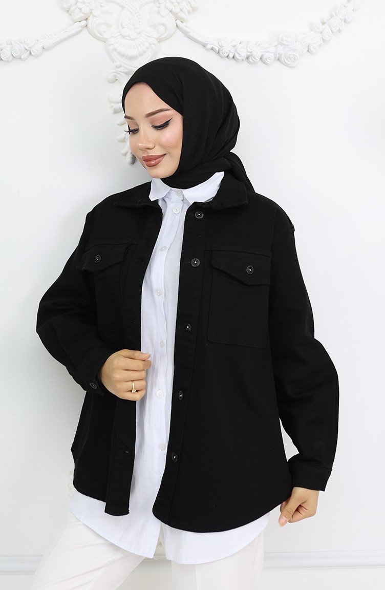 Sefa Merve Owersize Kot Ceket 2763-01 Siyah görsel 3