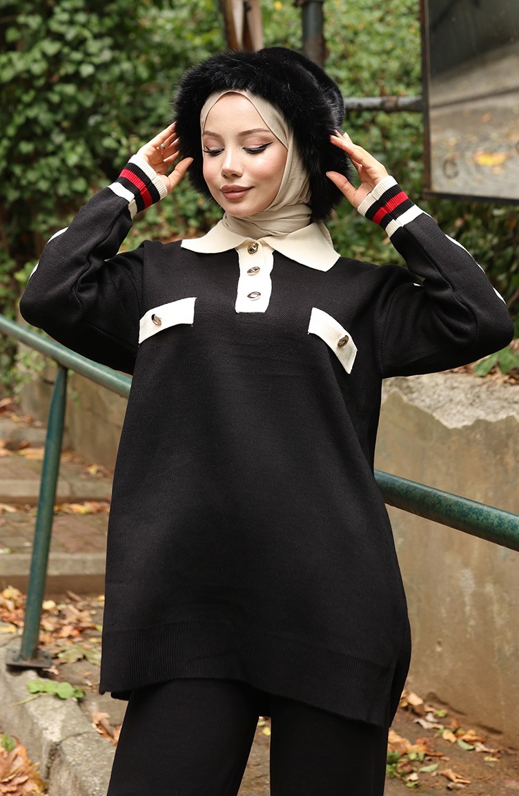 Sefa Merve Triko Polo Yaka Tunik Pantolon Ikili Takım 1048-04 Siyah görsel 4