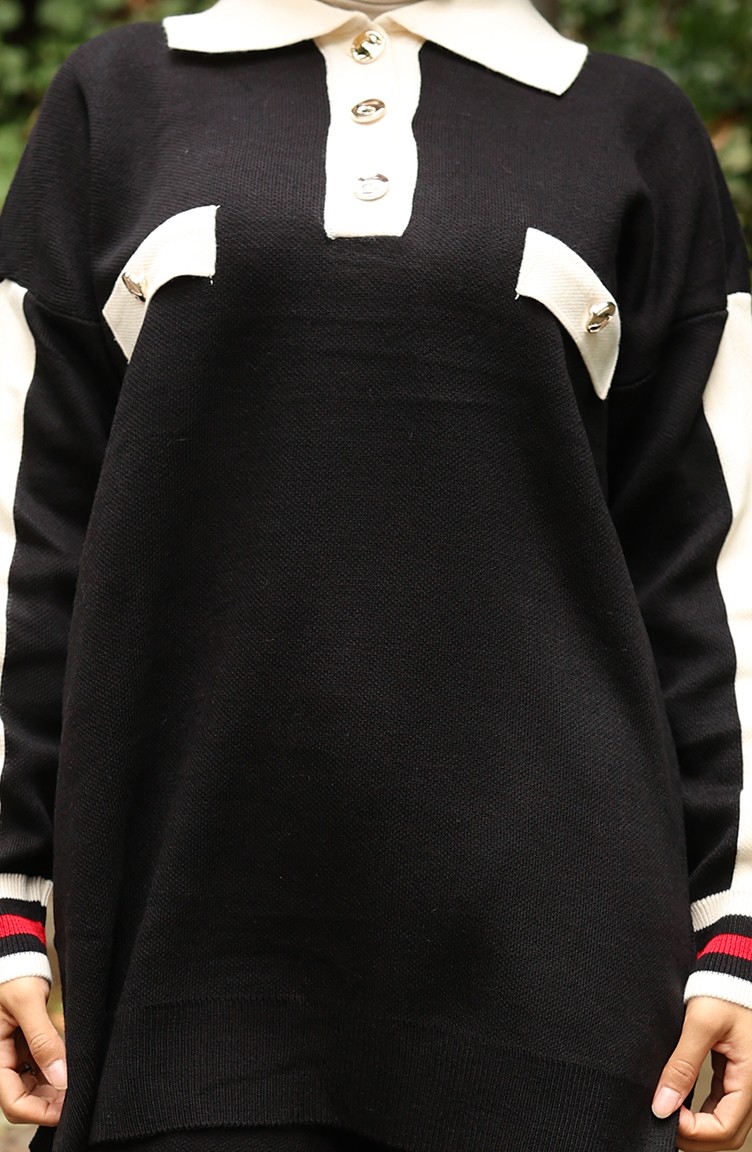 Sefa Merve Triko Polo Yaka Tunik Pantolon Ikili Takım 1048-04 Siyah görsel 5
