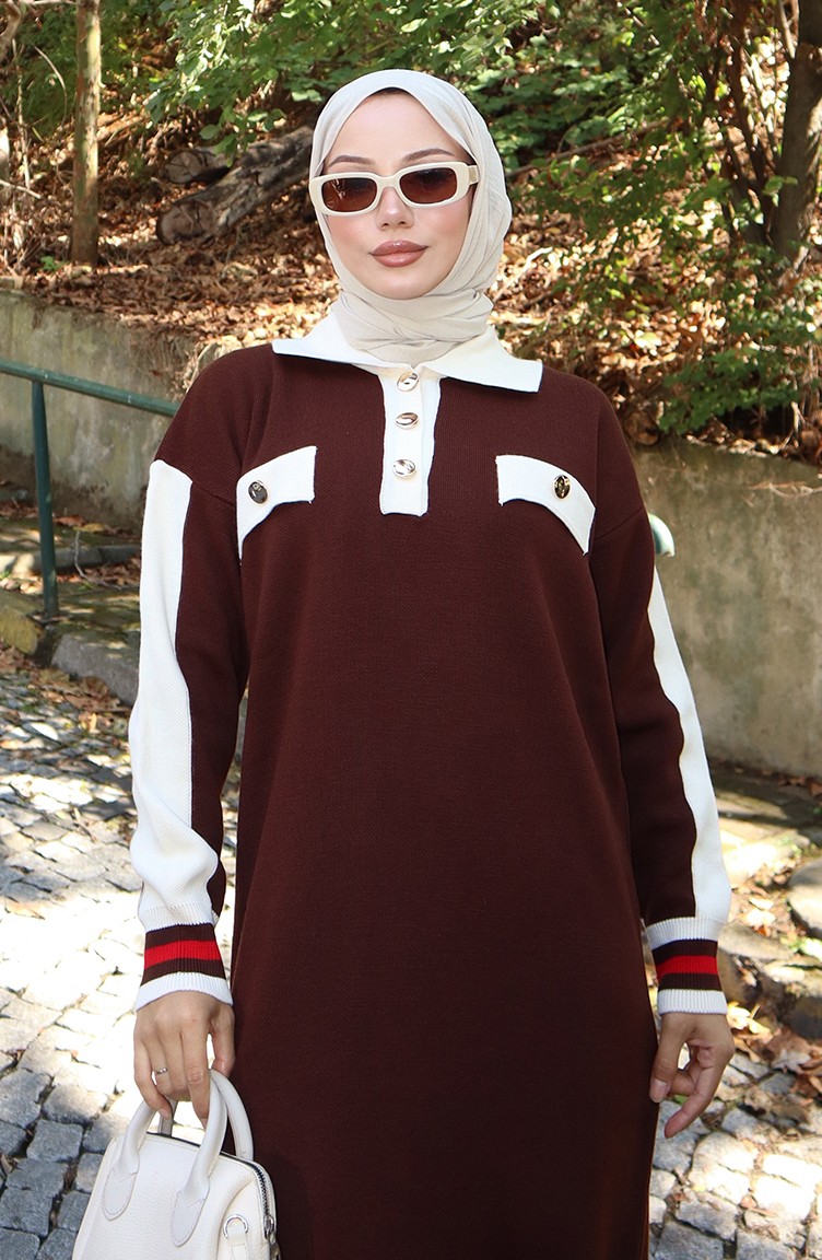 Sefa Merve Triko Polo Yaka Cep Detaylı Elbise 0507-01 Kahverengi görsel 4