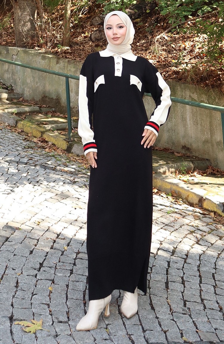 Sefa Merve Triko Polo Yaka Cep Detaylı Elbise 0507-02 Siyah görsel 3