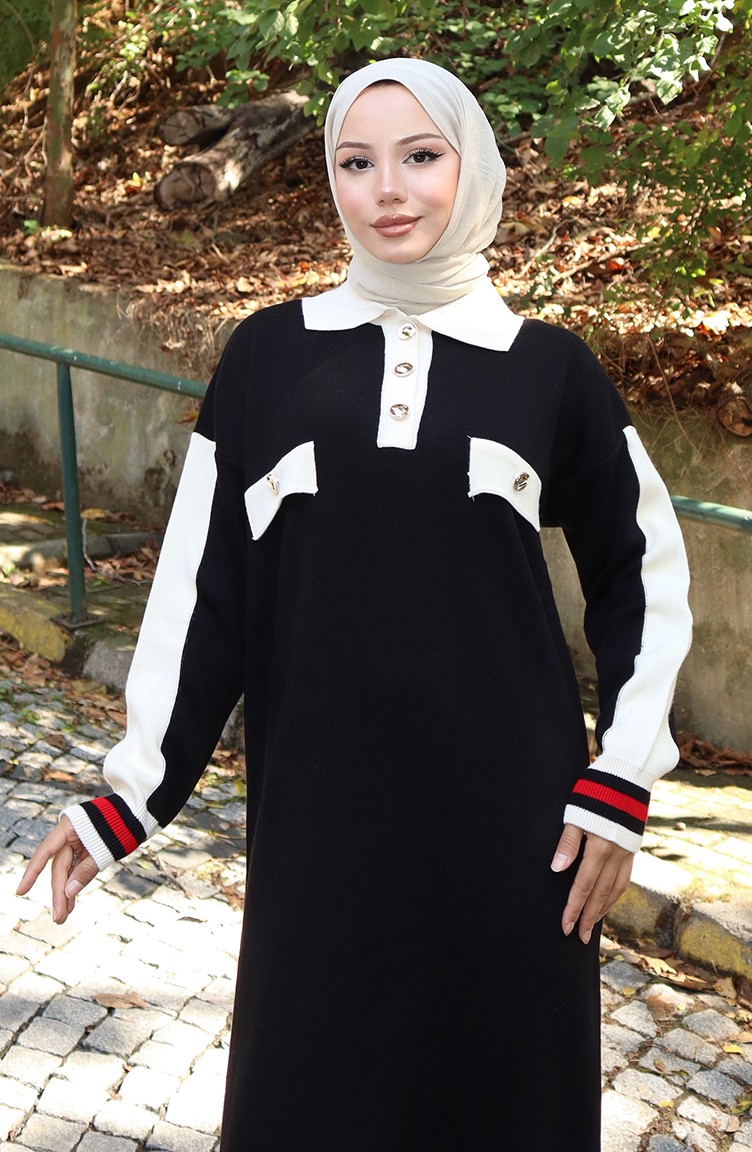 Sefa Merve Triko Polo Yaka Cep Detaylı Elbise 0507-02 Siyah görsel 4