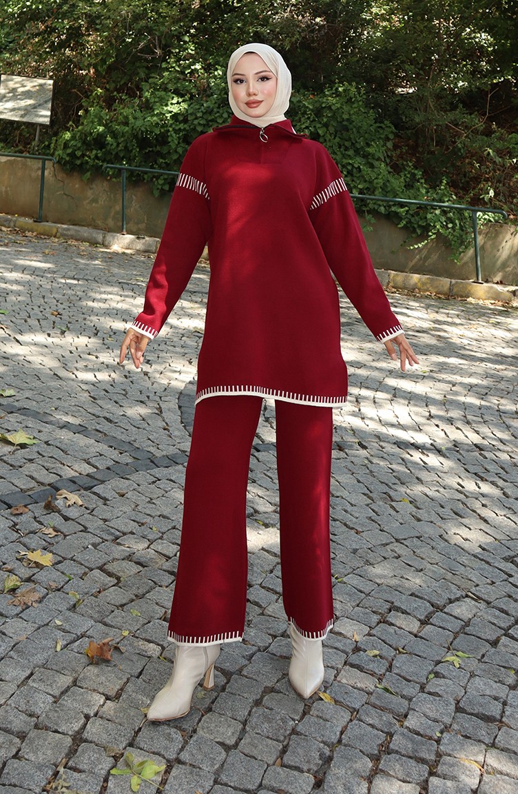 Sefa Merve Triko Fermuar Yakalı Tunik Pantolon Ikili Takım 1061-01 Bordo