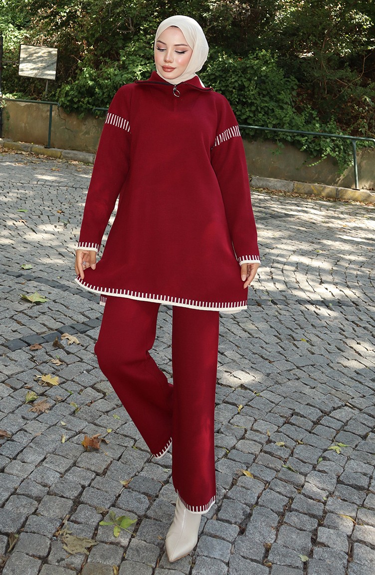Sefa Merve Triko Fermuar Yakalı Tunik Pantolon Ikili Takım 1061-01 Bordo görsel 2