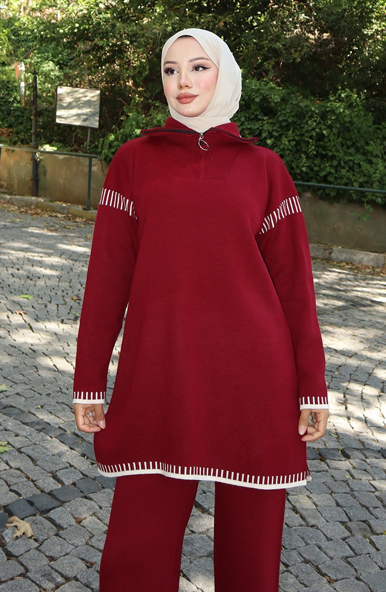 Sefa Merve Triko Fermuar Yakalı Tunik Pantolon Ikili Takım 1061-01 Bordo görsel 3
