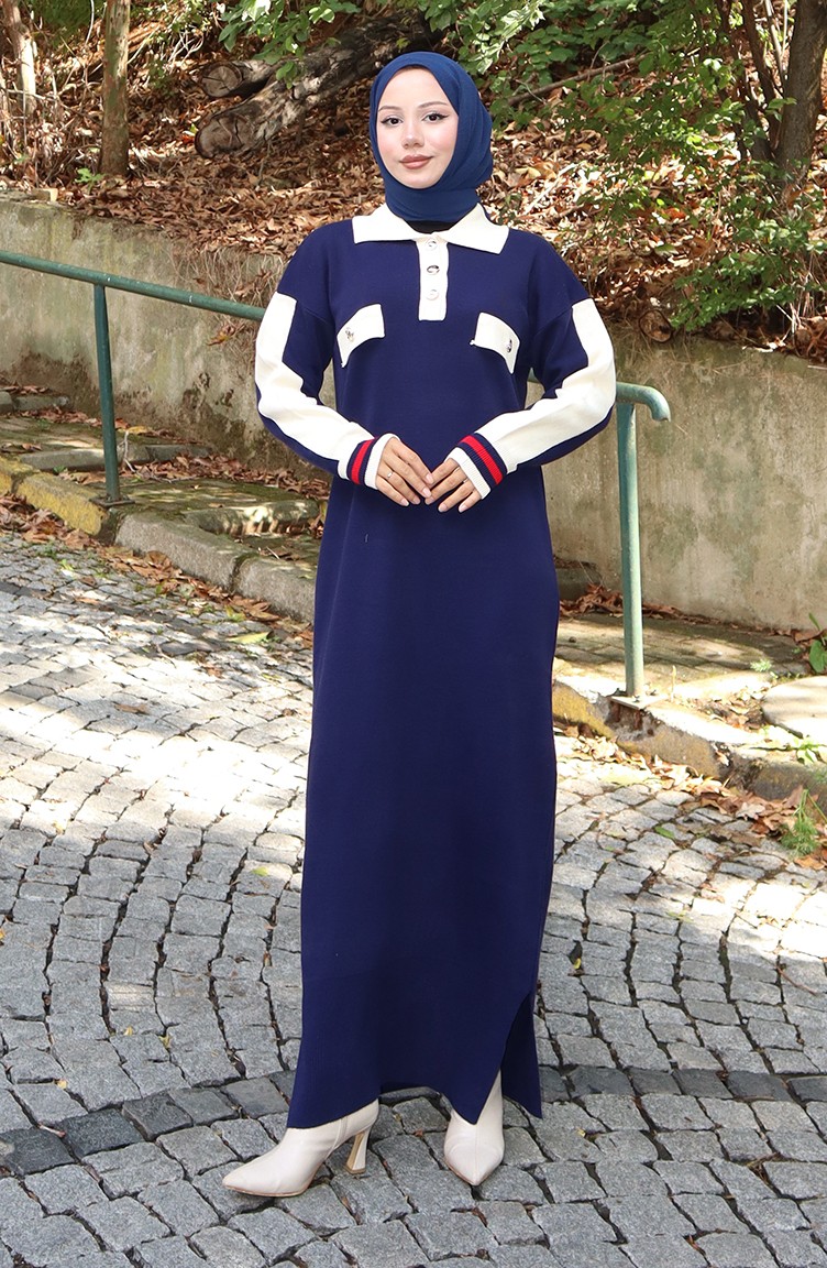 Sefa Merve Triko Polo Yaka Cep Detaylı Elbise 0507-05 Lacivert