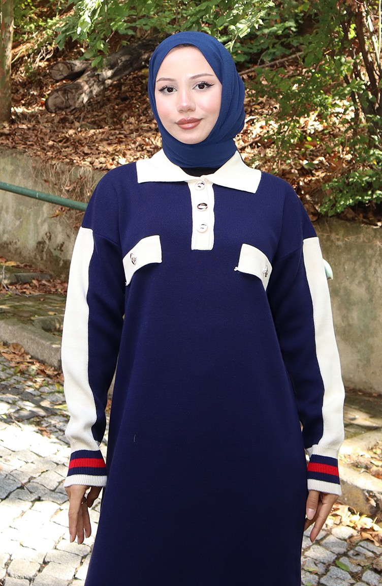 Sefa Merve Triko Polo Yaka Cep Detaylı Elbise 0507-05 Lacivert görsel 4