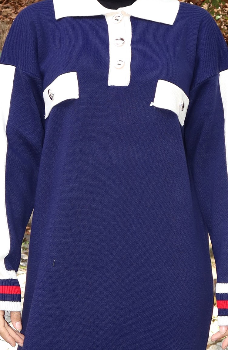 Sefa Merve Triko Polo Yaka Cep Detaylı Elbise 0507-05 Lacivert görsel 5
