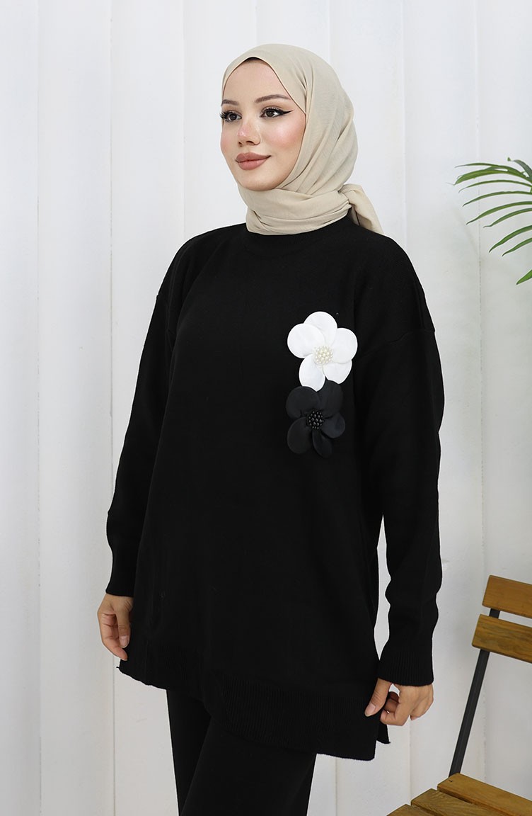Sefa Merve Triko Balıkçı Yaka Tunik Pantolon Ikili Takım 1015-01 Siyah görsel 4