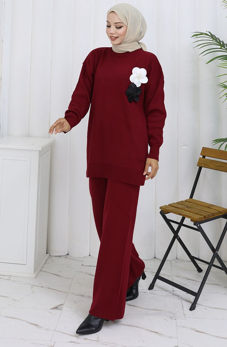Sefa Merve Triko Balıkçı Yaka Tunik Pantolon Ikili Takım 1015-06 Bordo