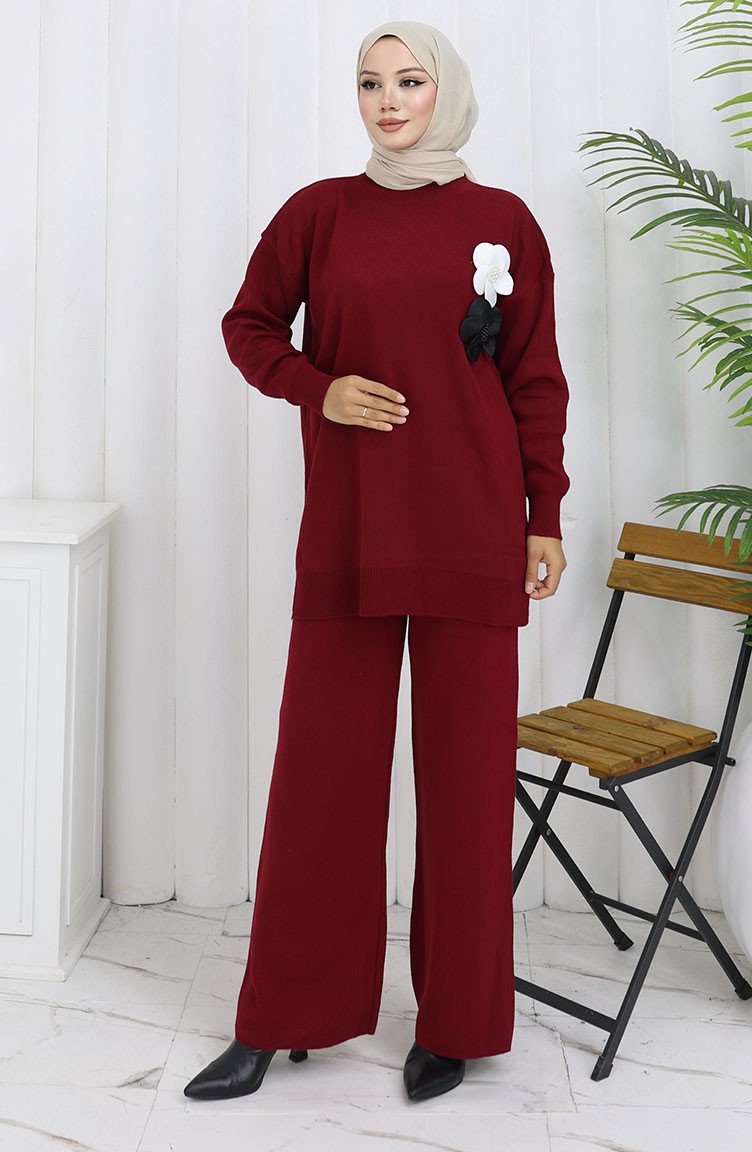 Sefa Merve Triko Balıkçı Yaka Tunik Pantolon Ikili Takım 1015-06 Bordo görsel 2
