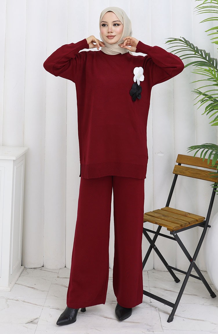 Sefa Merve Triko Balıkçı Yaka Tunik Pantolon Ikili Takım 1015-06 Bordo görsel 3