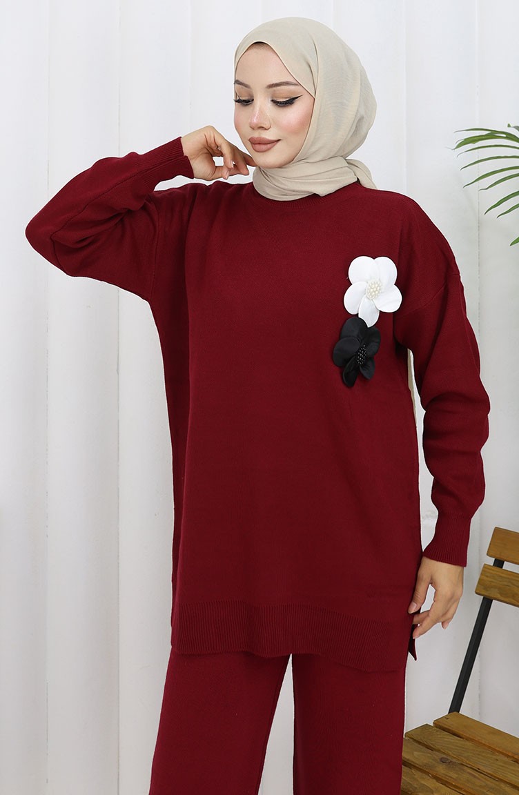Sefa Merve Triko Balıkçı Yaka Tunik Pantolon Ikili Takım 1015-06 Bordo görsel 4