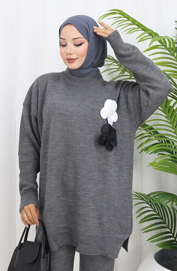 Sefa Merve Triko Balıkçı Yaka Tunik Pantolon Ikili Takım 1015-03 Gri görsel 4