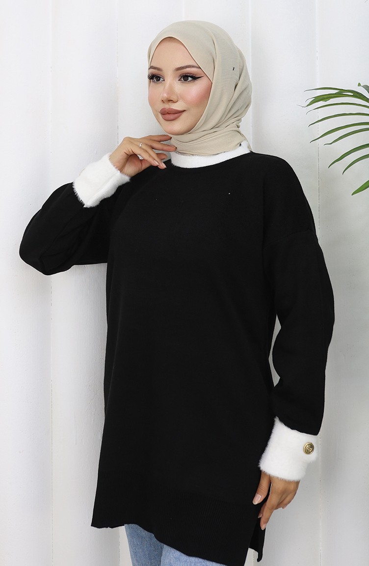 Sefa Merve Triko Kolu Düğme Detaylı Garnili Tunik 3000-01 Siyah görsel 3