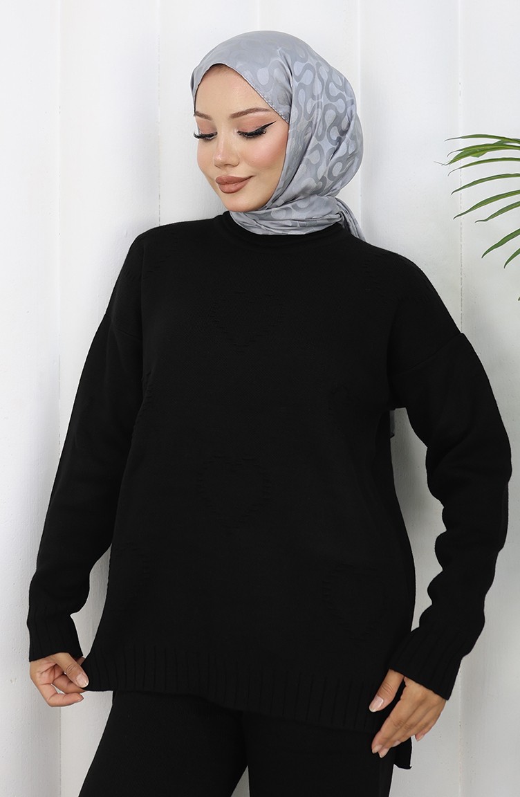 Sefa Merve Triko Kalp Desenli Kazak Pantolon Ikili Takım 0016-04 Siyah görsel 4