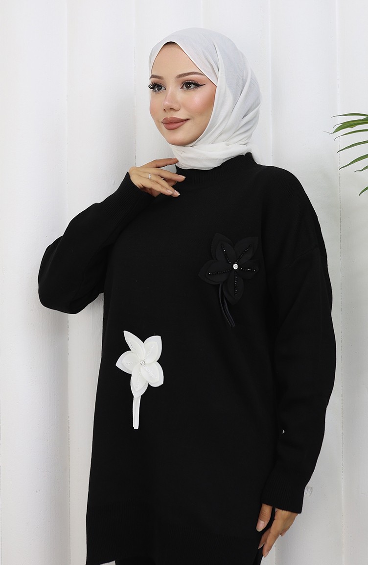 Sefa Merve Triko Çiçekli Tunik Pantolon Ikili Takım 1077-02 Siyah görsel 4