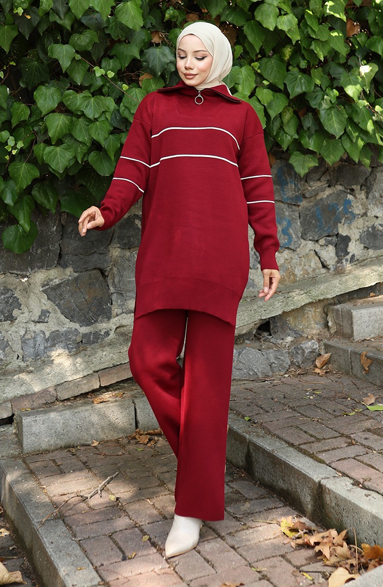 Sefa Merve Triko Fermuarlı Tunik Pantolon Ikili Takım 1050-07 Bordo