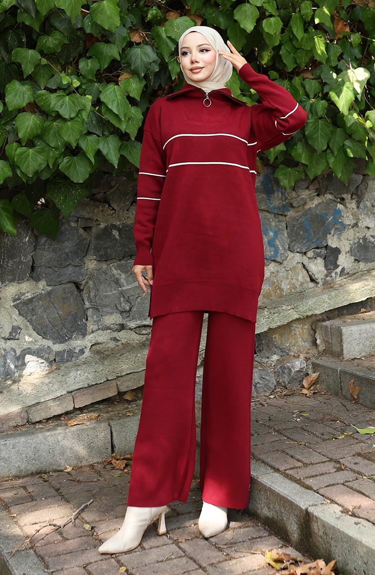 Sefa Merve Triko Fermuarlı Tunik Pantolon Ikili Takım 1050-07 Bordo görsel 3