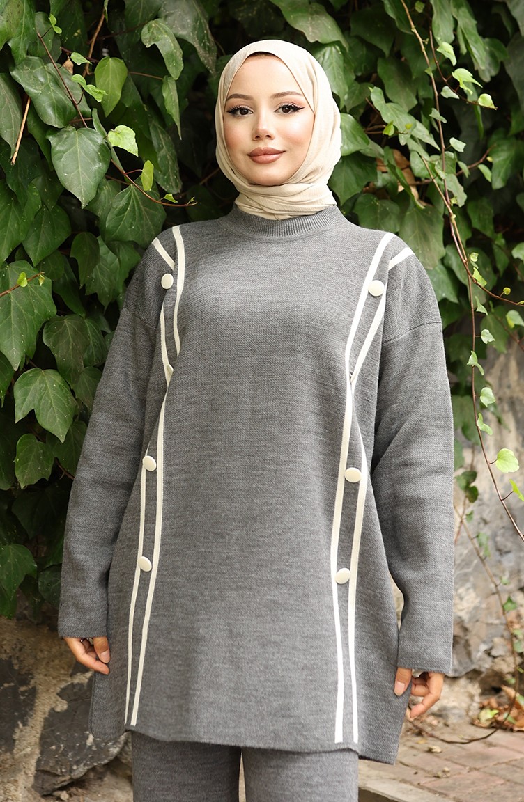 Sefa Merve Triko Boydan Düğmeli Tunik Pantolon Ikili Takım 1128-06 Gri görsel 4