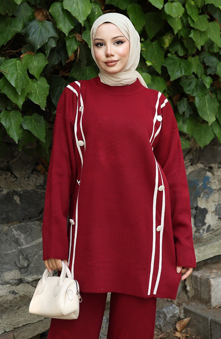Sefa Merve Triko Boydan Düğmeli Tunik Pantolon Ikili Takım 1128-05 Bordo görsel 4