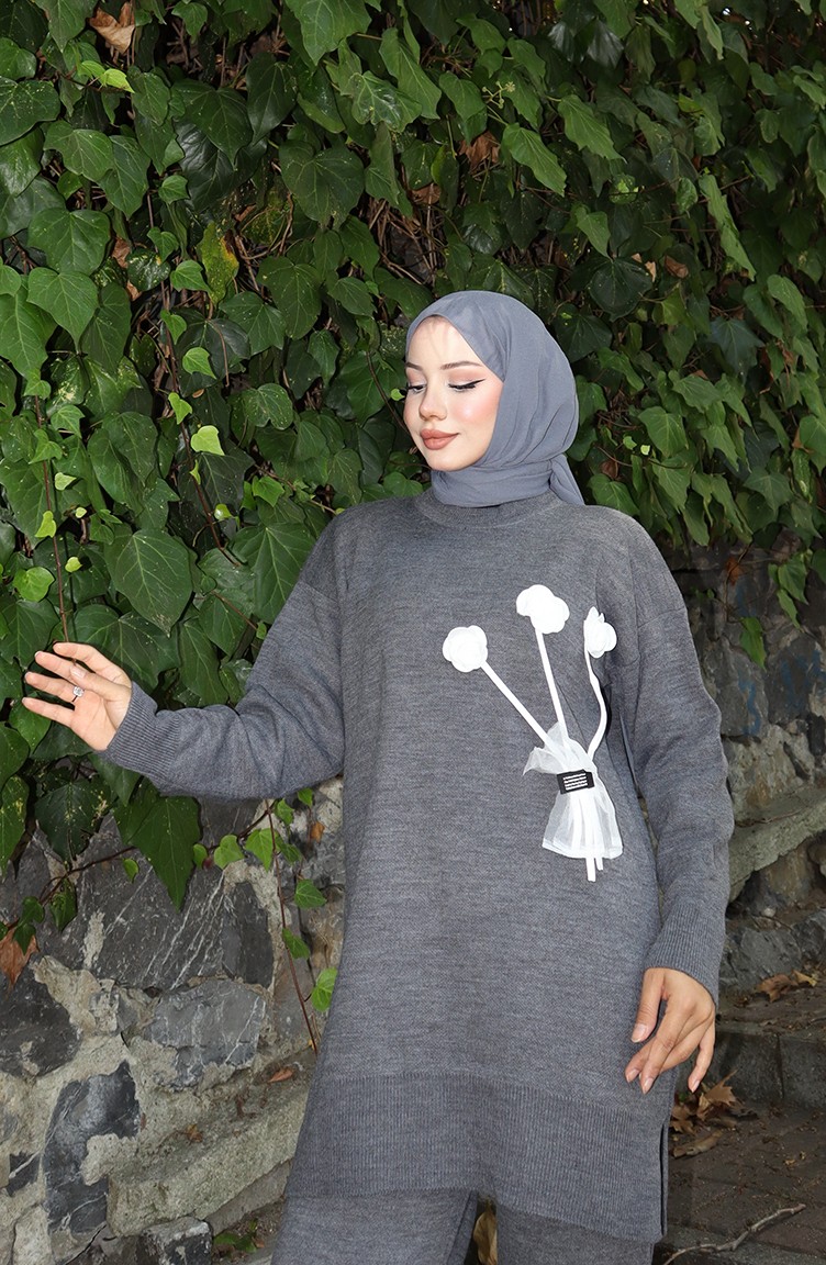 Sefa Merve Triko Gül Detaylı Tunik Pantolon Ikili Takım 1030-01 Gri görsel 2