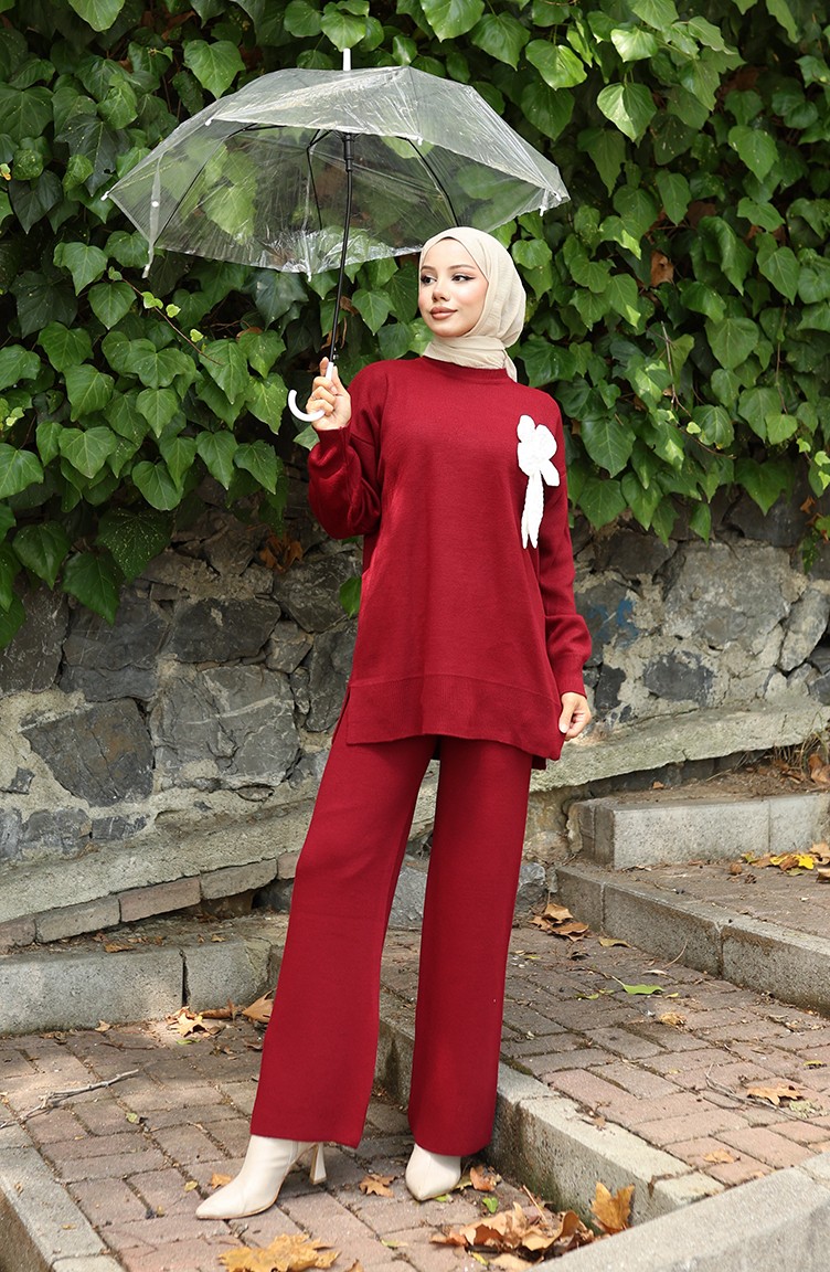 Sefa Merve Triko Çiçek Detaylı Tunik Pantolon Ikili Takım 1028-04 Bordo görsel 3