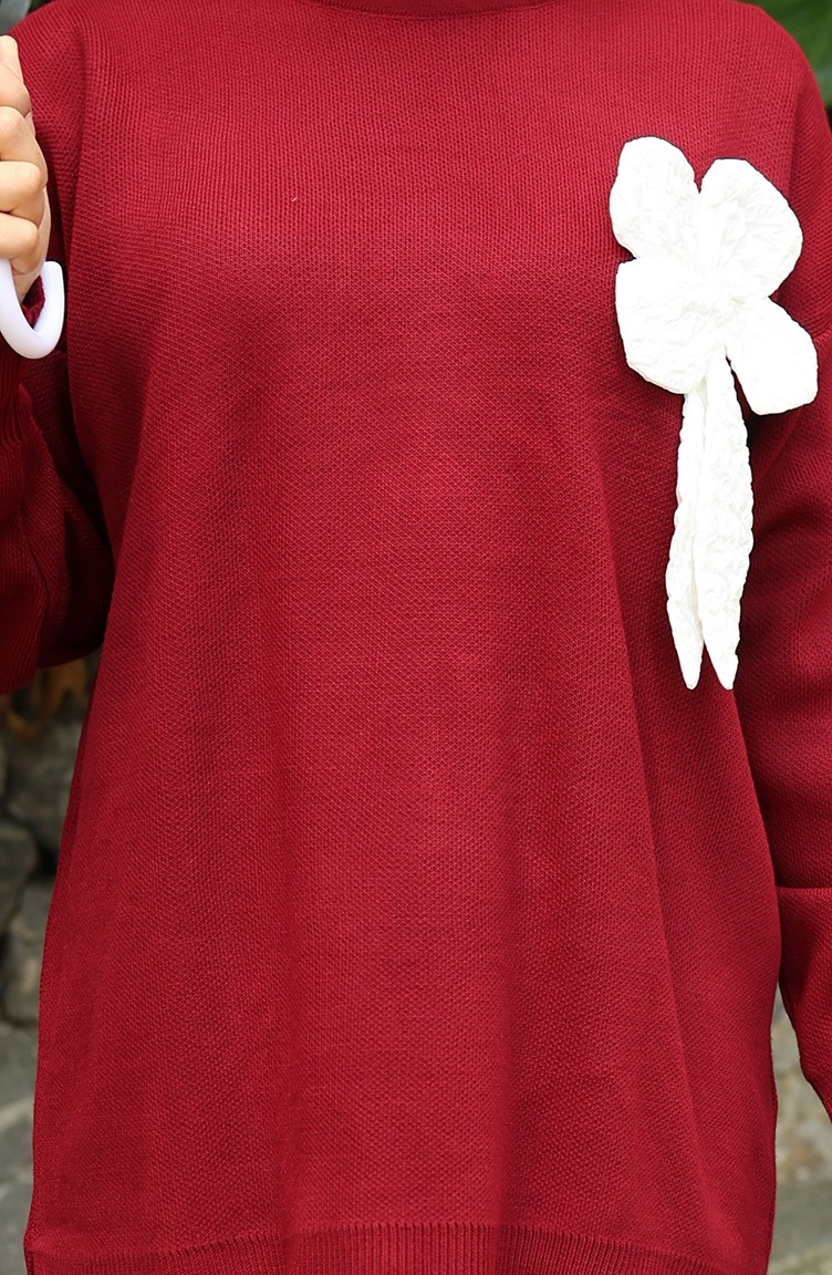 Sefa Merve Triko Çiçek Detaylı Tunik Pantolon Ikili Takım 1028-04 Bordo görsel 5