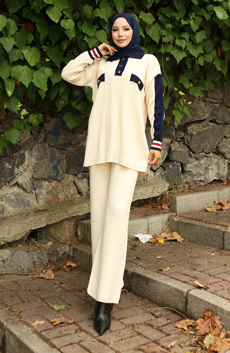Sefa Merve Triko Polo Yaka Tunik Pantolon Ikili Takım 1048-02 Bej