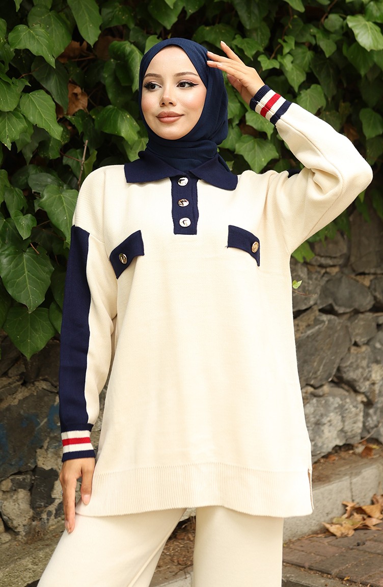 Sefa Merve Triko Polo Yaka Tunik Pantolon Ikili Takım 1048-02 Bej görsel 4